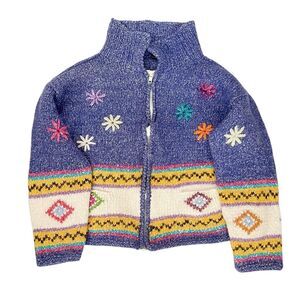Otavalo Native American Kids Girls Sweater Coat Wool Blend Floral Hand Made